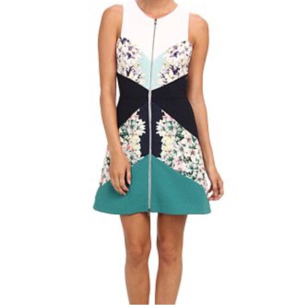 BCBG Maxazria Alaina Colour Block Aqua Combo Floral Dress Size 2